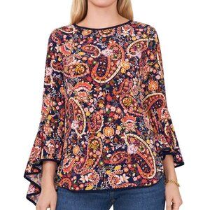 Sam & Jess Petite Medium Contrast-Trim Colorful Paisley Bell-Sleeve Top NWT